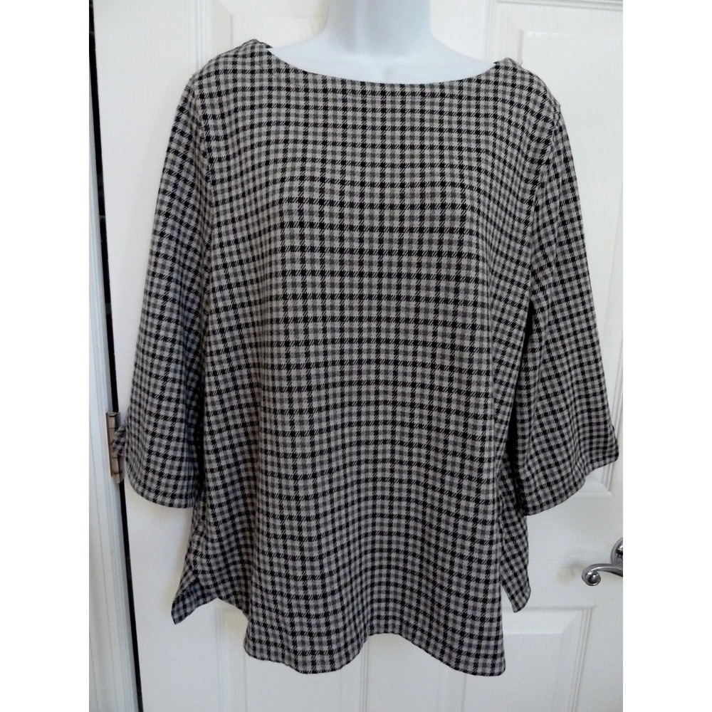 J. Jill XL 18/20 Ponte Houndstooth Pullover Top Black Gray 3/4 Sleeve Office